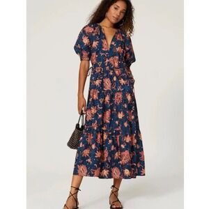 A.L.C. Mischa Dress Blue Floral Cotton Tiered Midi Puff Sleeve Side Size 8 FLAW